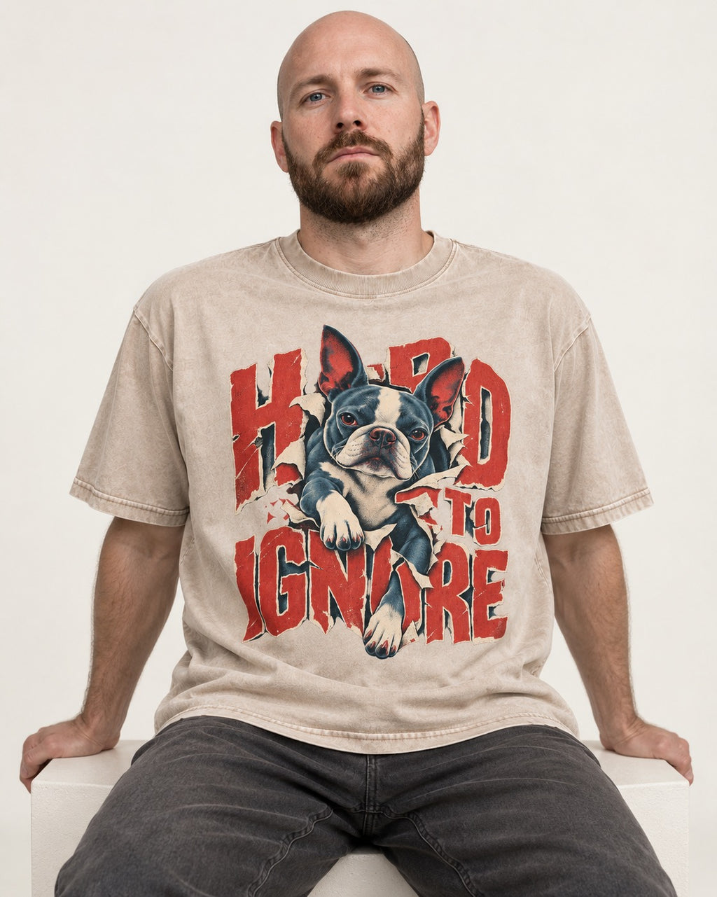 Hard to Ignore Boston Terrier Graphic Washed Tee in Apricot, worn by a seated model