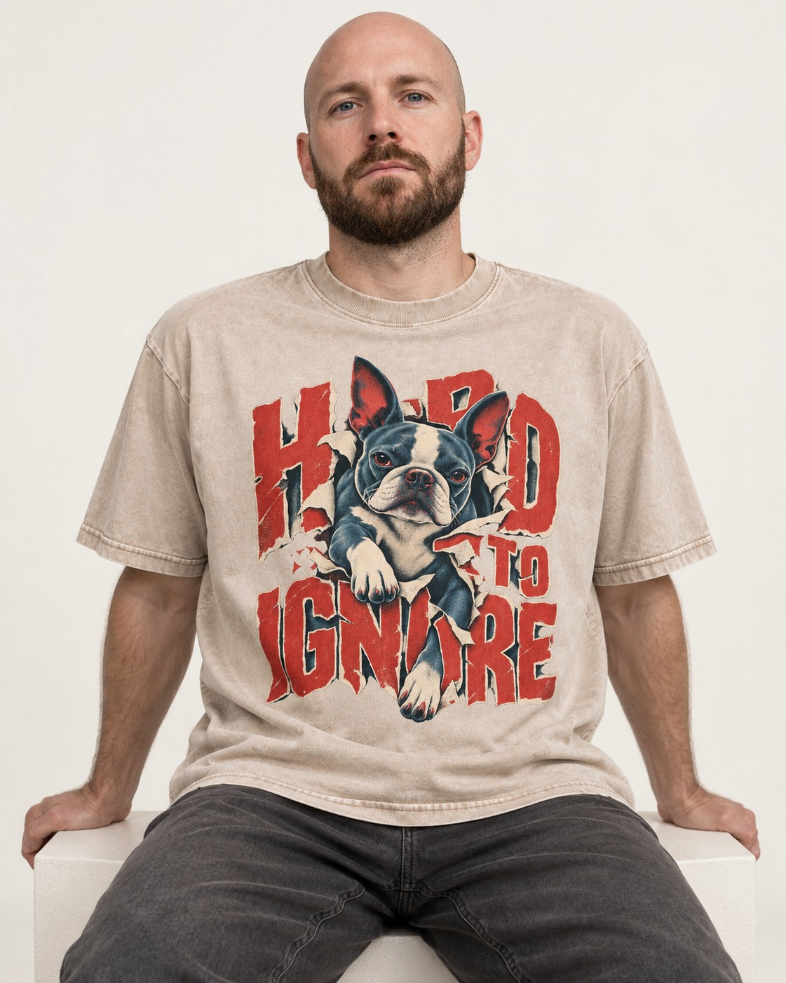 Hard to Ignore Boston Terrier Graphic Washed Tee in Apricot, worn by a seated model