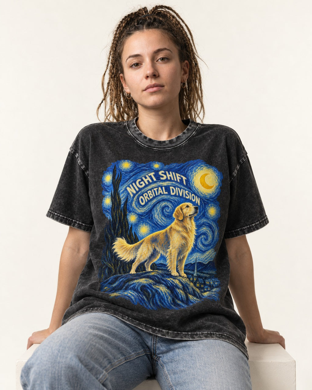 Night Shift Orbital Division Starry Night Golden Retriever Graphic Washed Tee in Black, worn by a seated model