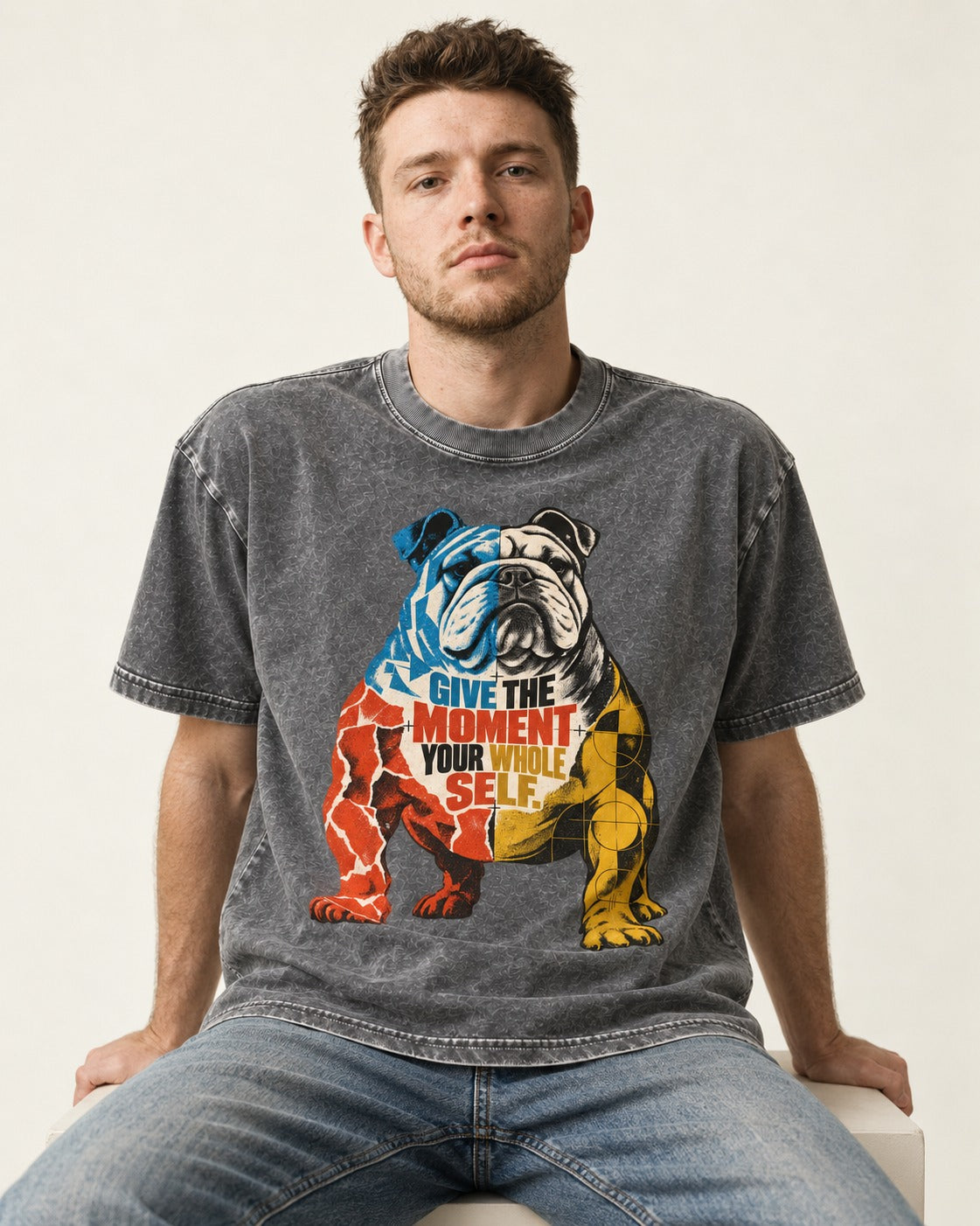 English Bulldog Give Your Whole Self Washed Tee in Gray, worn by a seated model