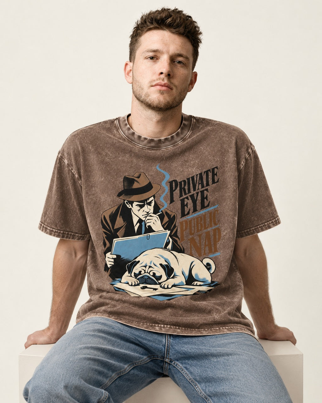 Pug Private Eye Public Nap Washed Tee in Coffee, worn by a seated model