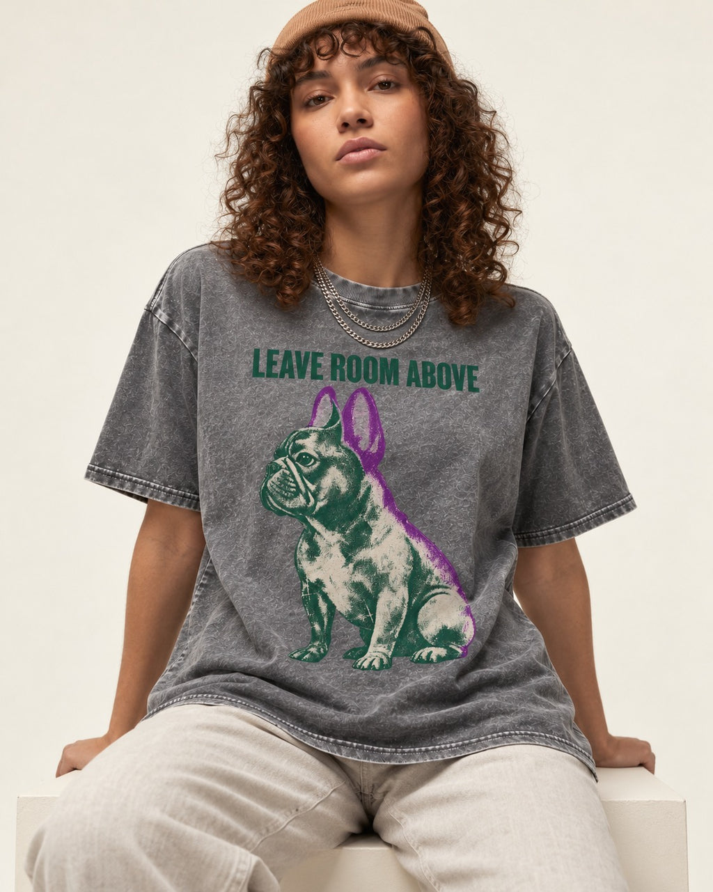 Leave Room Above Frenchie Washed Tee in Gray, worn by a seated model