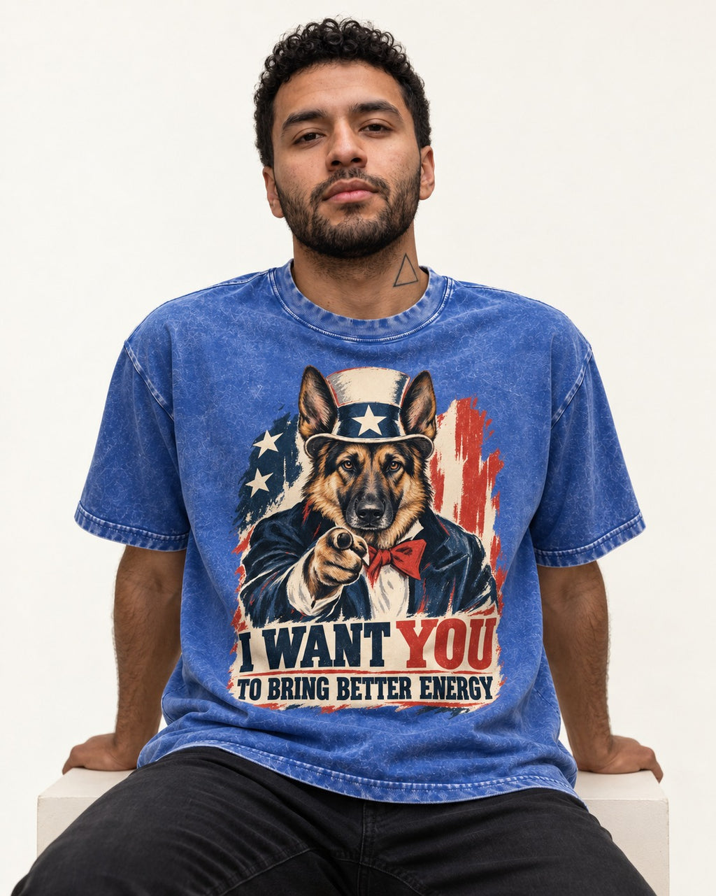 German Shepherd Dog I Want You to Bring Better Energy Poster Washed Tee in Royal Blue, worn by a seated model