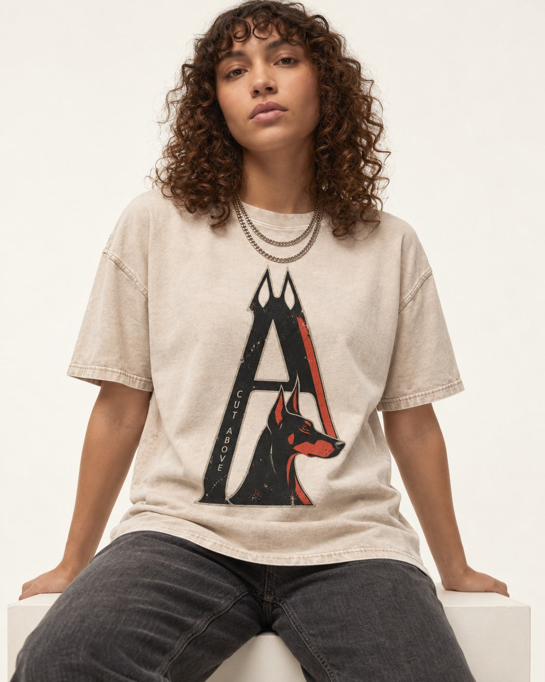 Doberman A Cut Above Washed Tee in Apricot, worn by a seated model