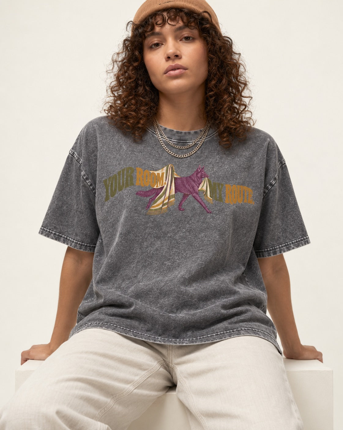 Your Room My Route German Shepherd Dog Washed Tee in Gray, worn by a seated model