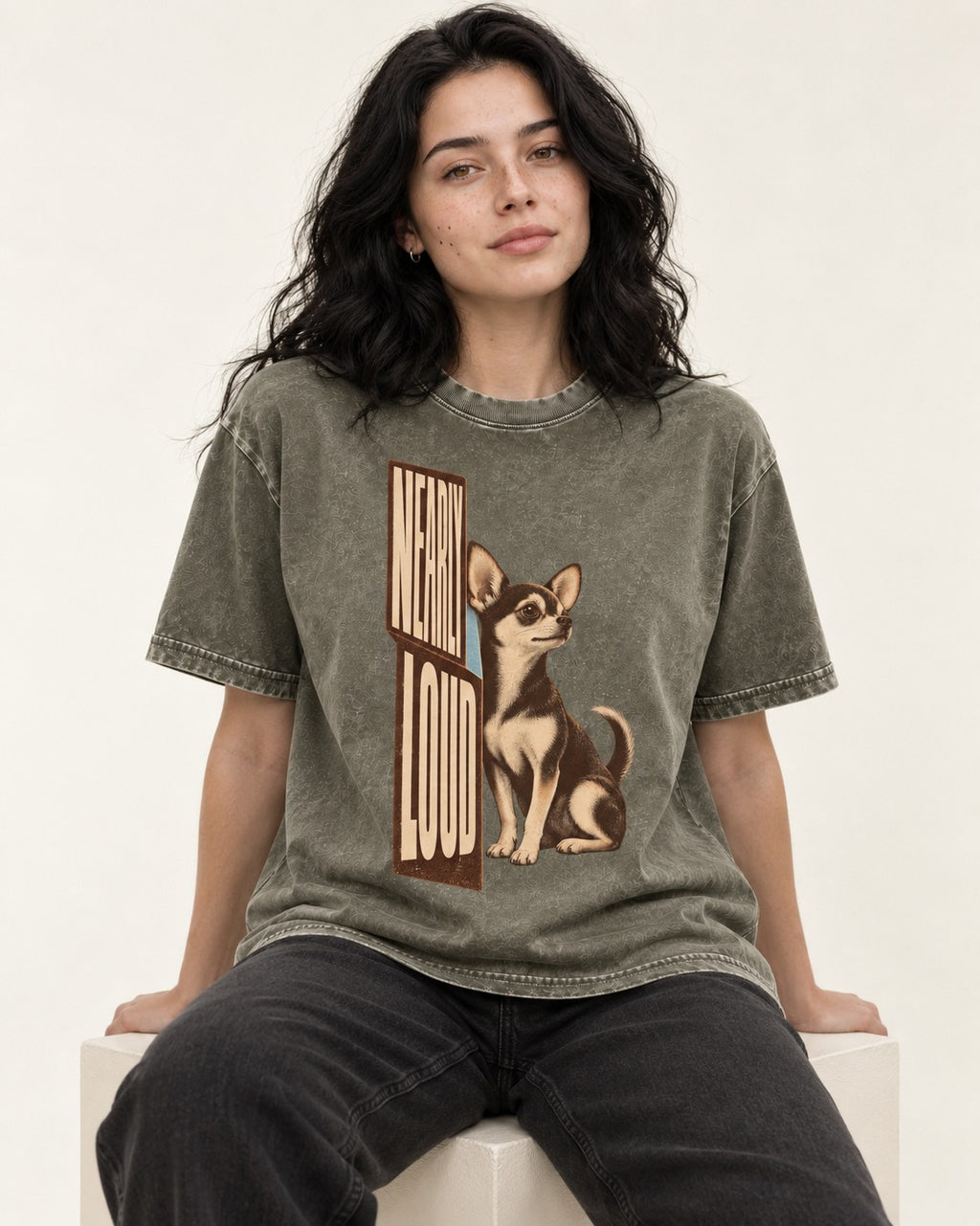 Chihuahua Never Loud Washed Tee in Army Green, worn by a seated model