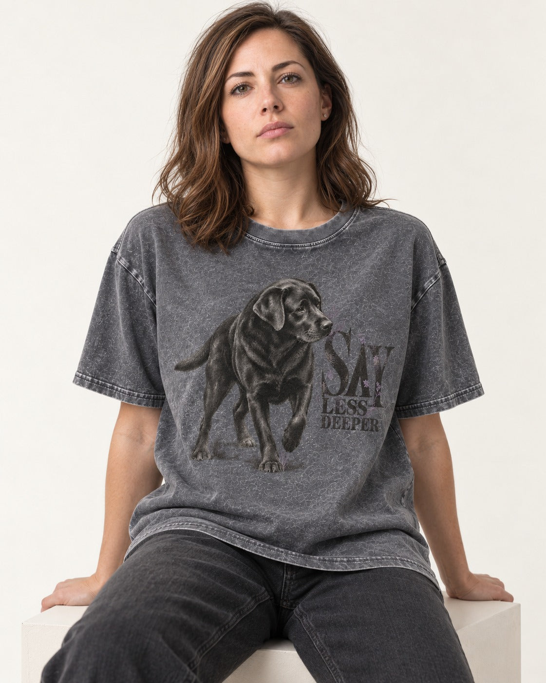 Say Less Deeper Labrador Retriever Washed Tee in Gray, worn by a seated model