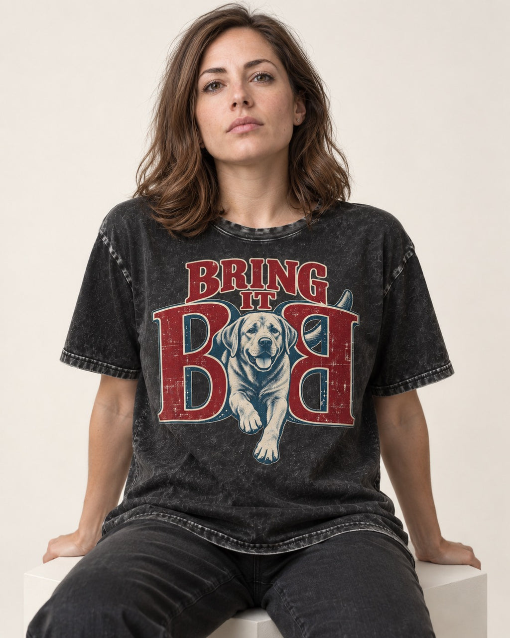 Labrador Retriever Bring It Opposing B Portrait Graphic Washed Tee in Black, worn by a seated model