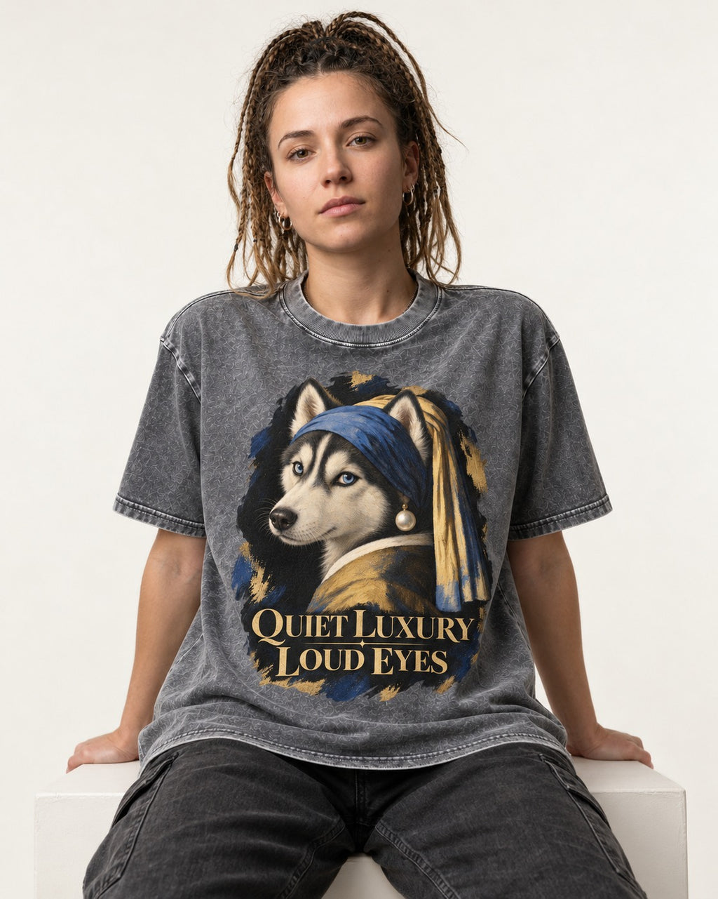 Husky Quiet Luxury Loud Eyes Pearl Portrait Graphic Washed Tee in Gray, worn by a seated model