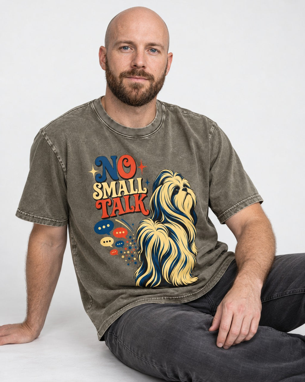 Shih Tzu No Small Talk Speech Bubble Graphic Washed Tee in Army Green, worn by a seated model