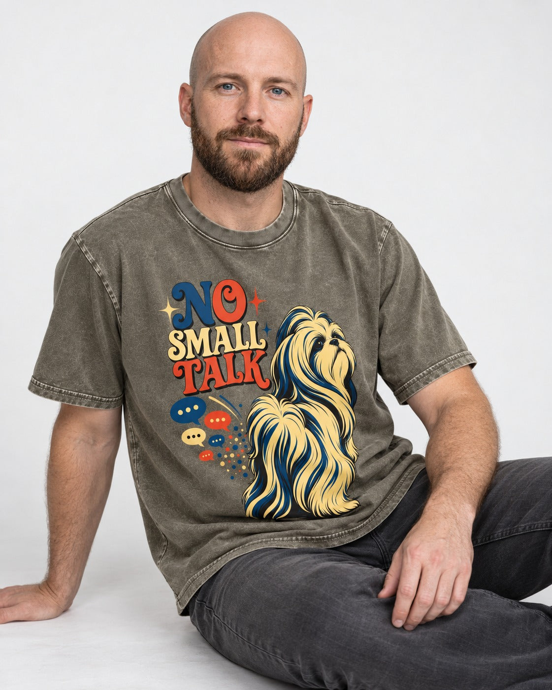 Shih Tzu No Small Talk Speech Bubble Graphic Washed Tee in Army Green, worn by a seated model