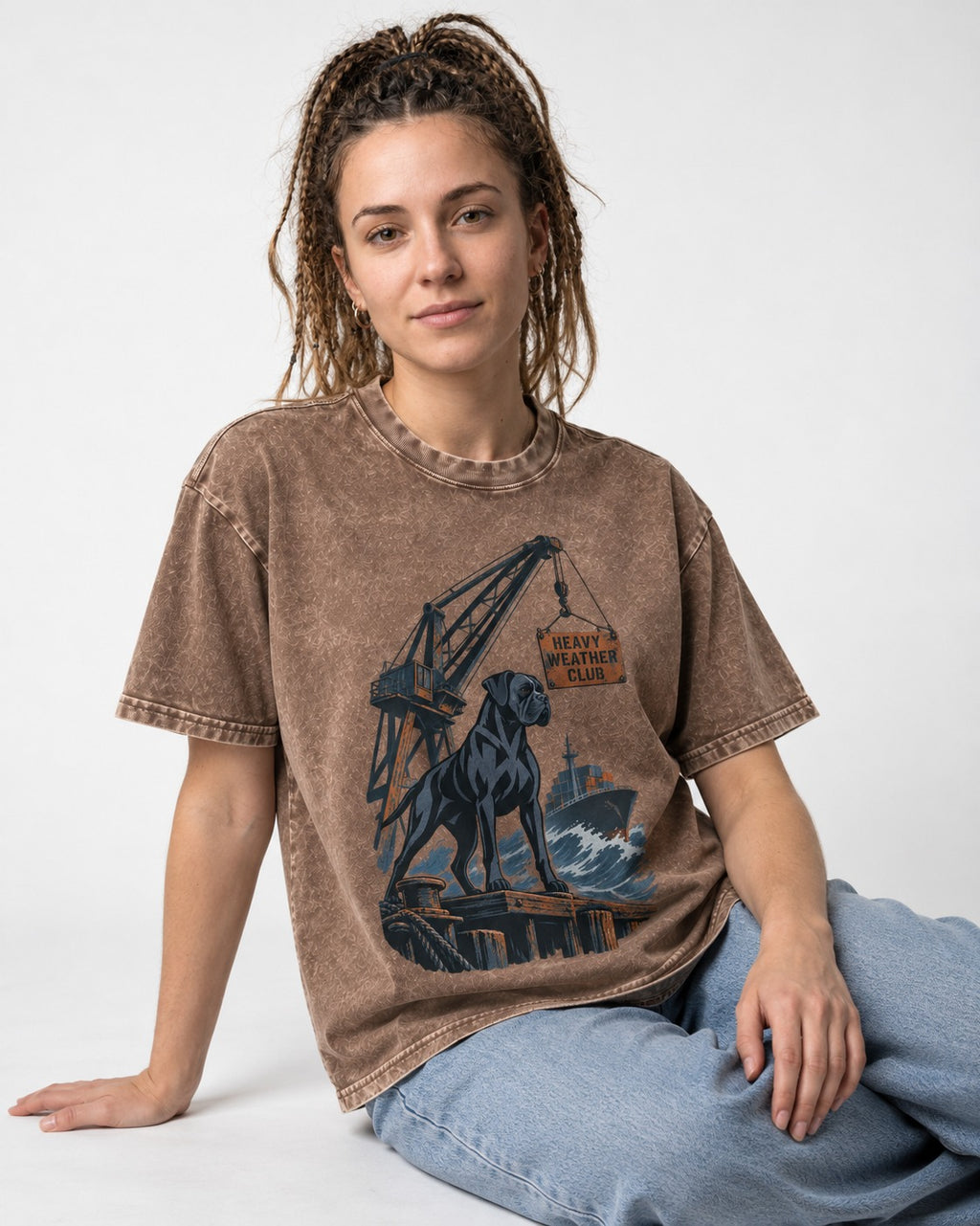Boxer Heavy Weather Club Washed Tee in Coffee, worn by a seated model