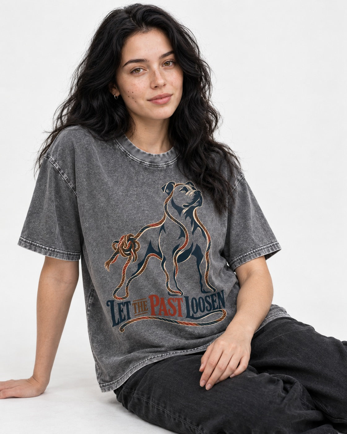 Pitbull Let the Past Loosen Washed Tee in Gray, worn by a seated model