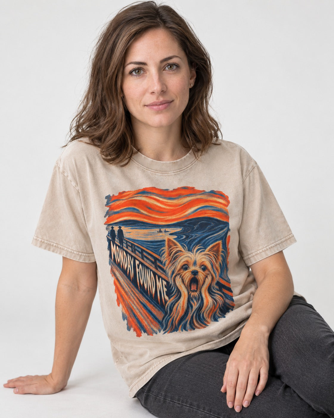 Yorkshire Terrier Monday Found Me Scream Parody Graphic Washed Tee in Apricot, worn by a seated model