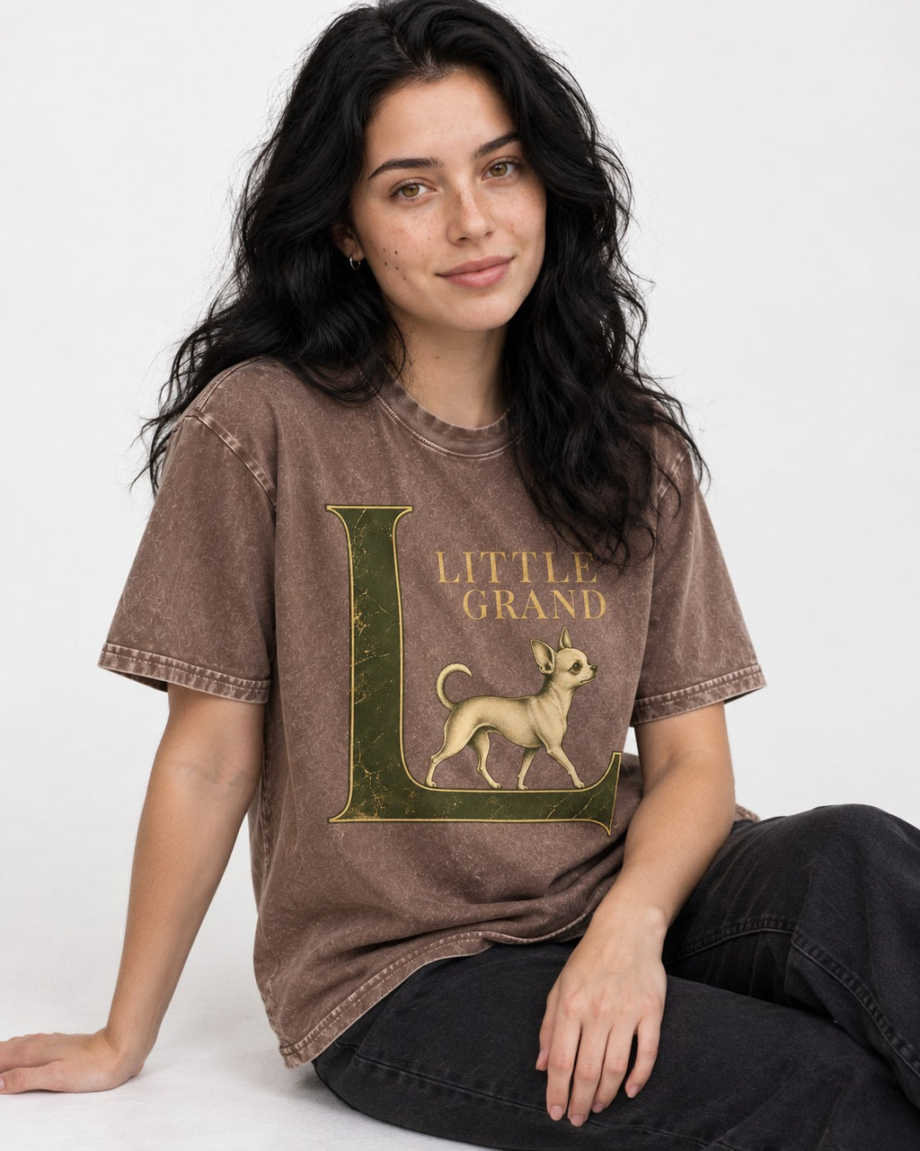Little Grand Chihuahua Washed Tee in Coffee, worn by a seated model