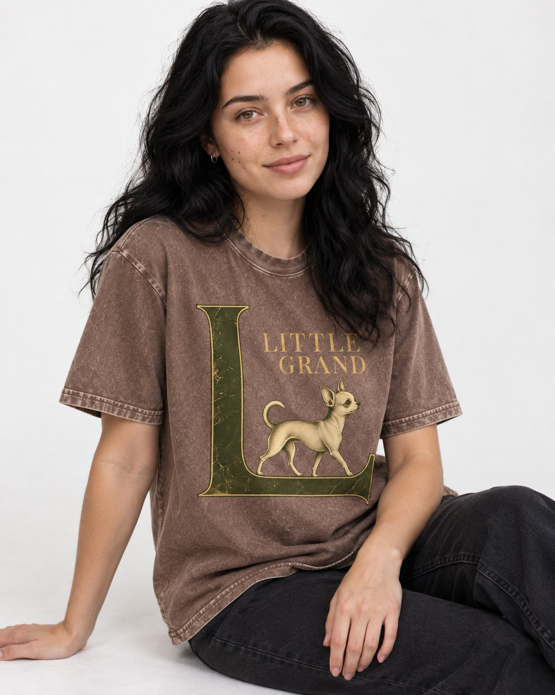 Little Grand Chihuahua Washed Tee in Coffee, worn by a seated model