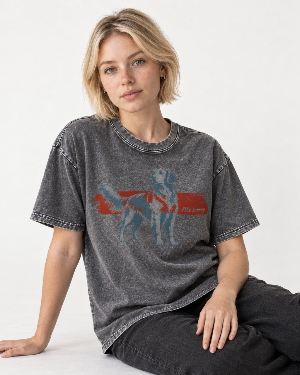 Fine Enough Golden Retriever Washed Tee in Gray, worn by a seated model