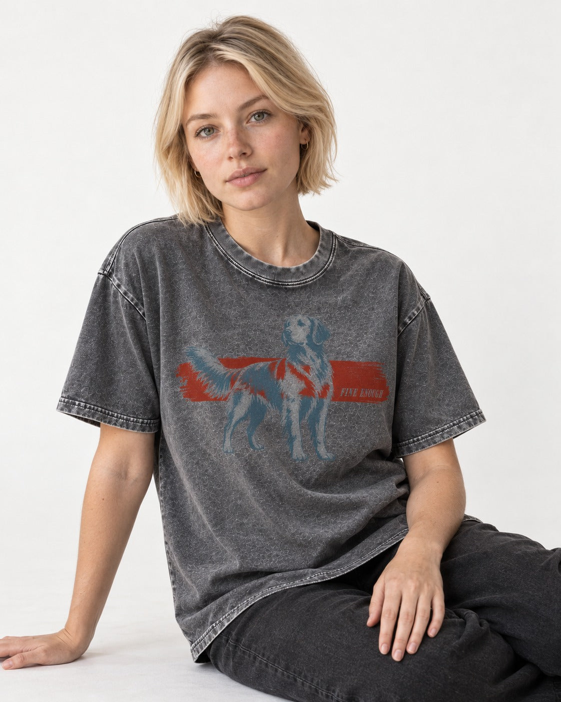 Fine Enough Golden Retriever Washed Tee in Gray, worn by a seated model