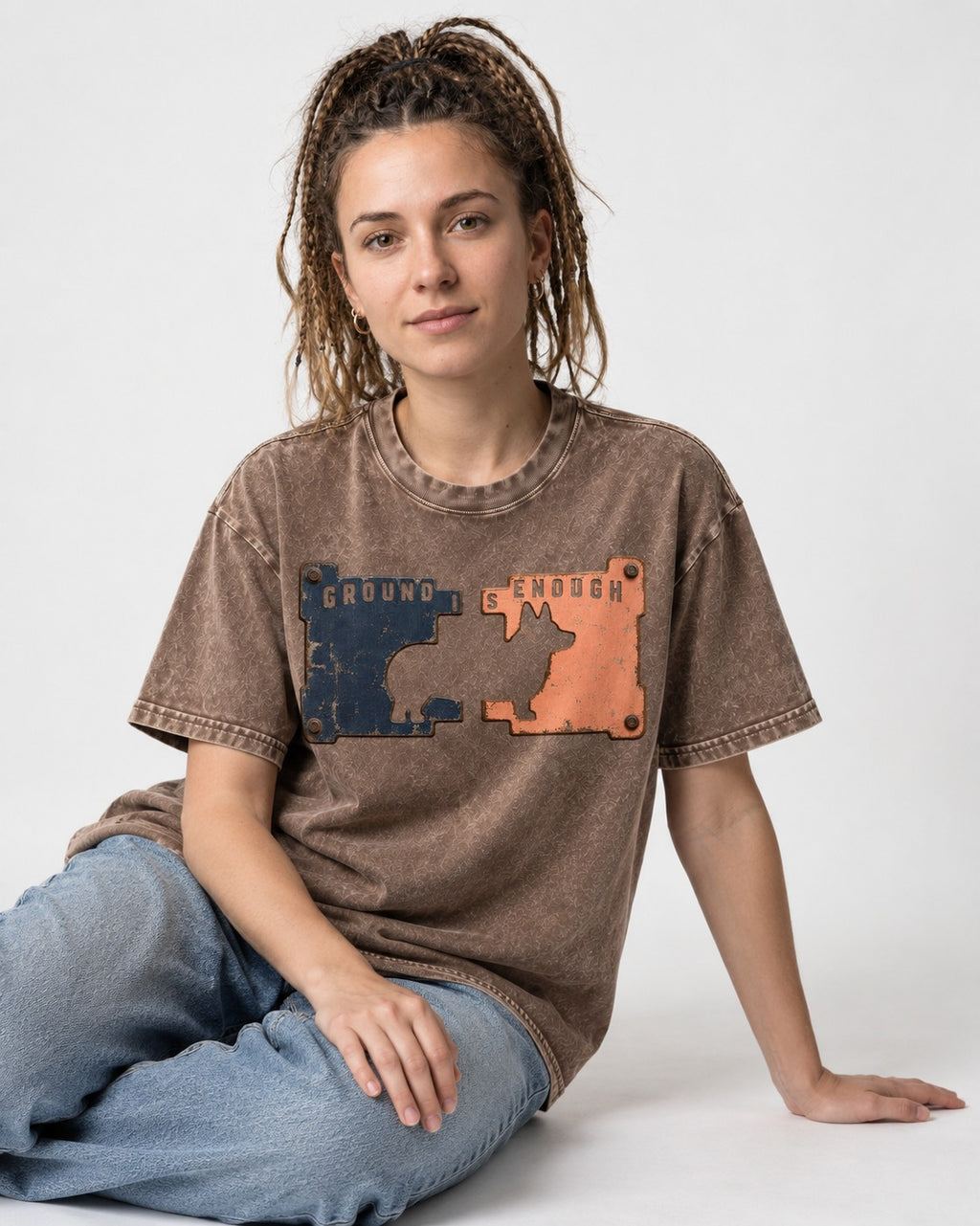 Corgi Is Enough Washed Tee in Coffee, worn by a seated model