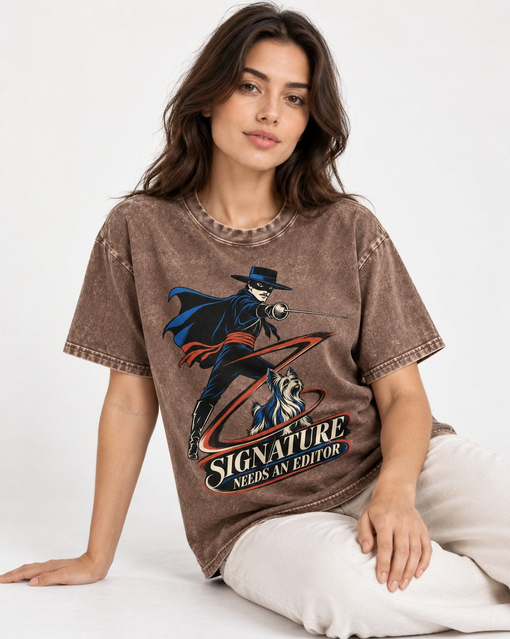 Yorkshire Terrier Signature Needs an Editor Washed Tee in Coffee, worn by a seated model
