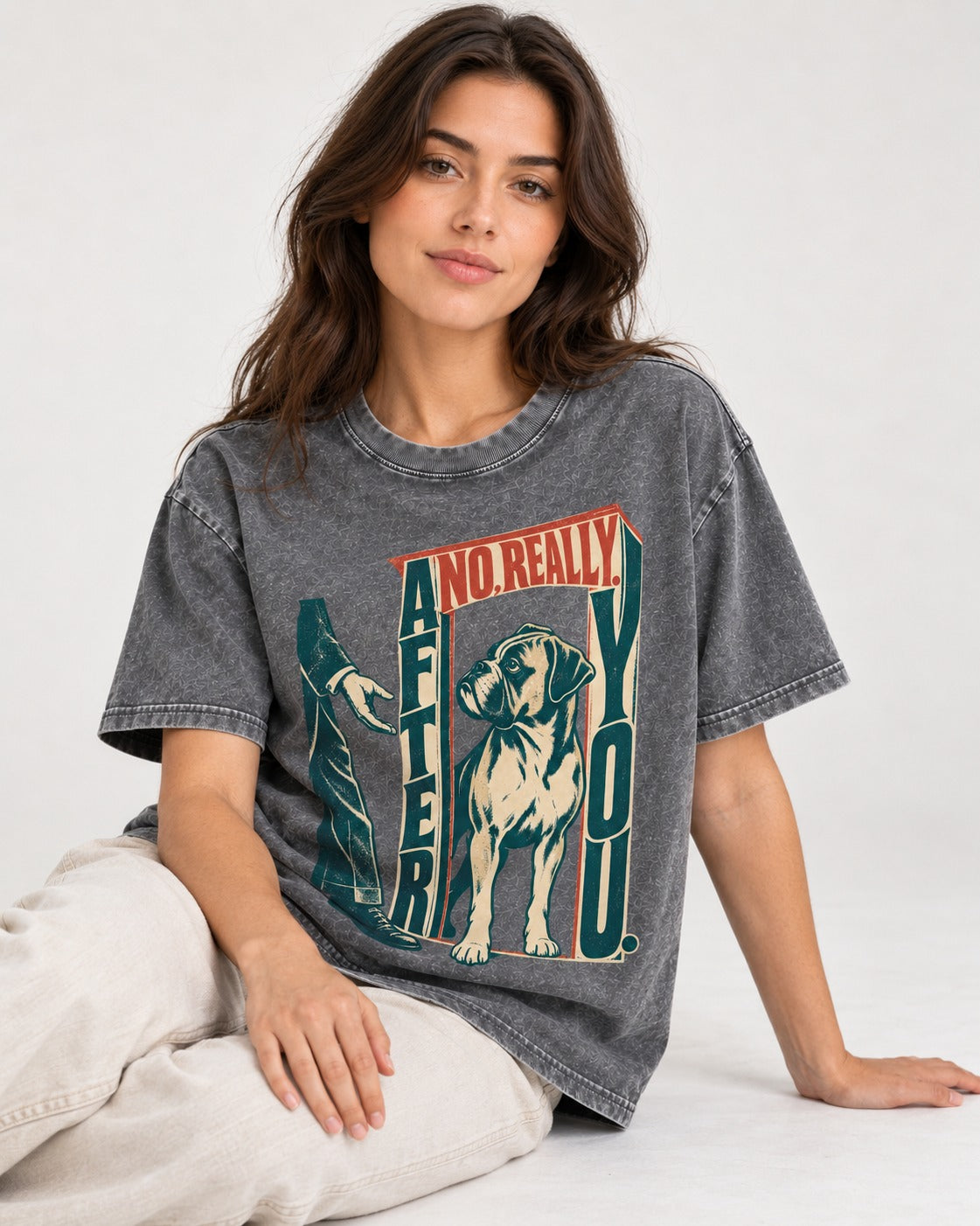 Boxer Says After You Washed Tee in Gray, worn by a seated model