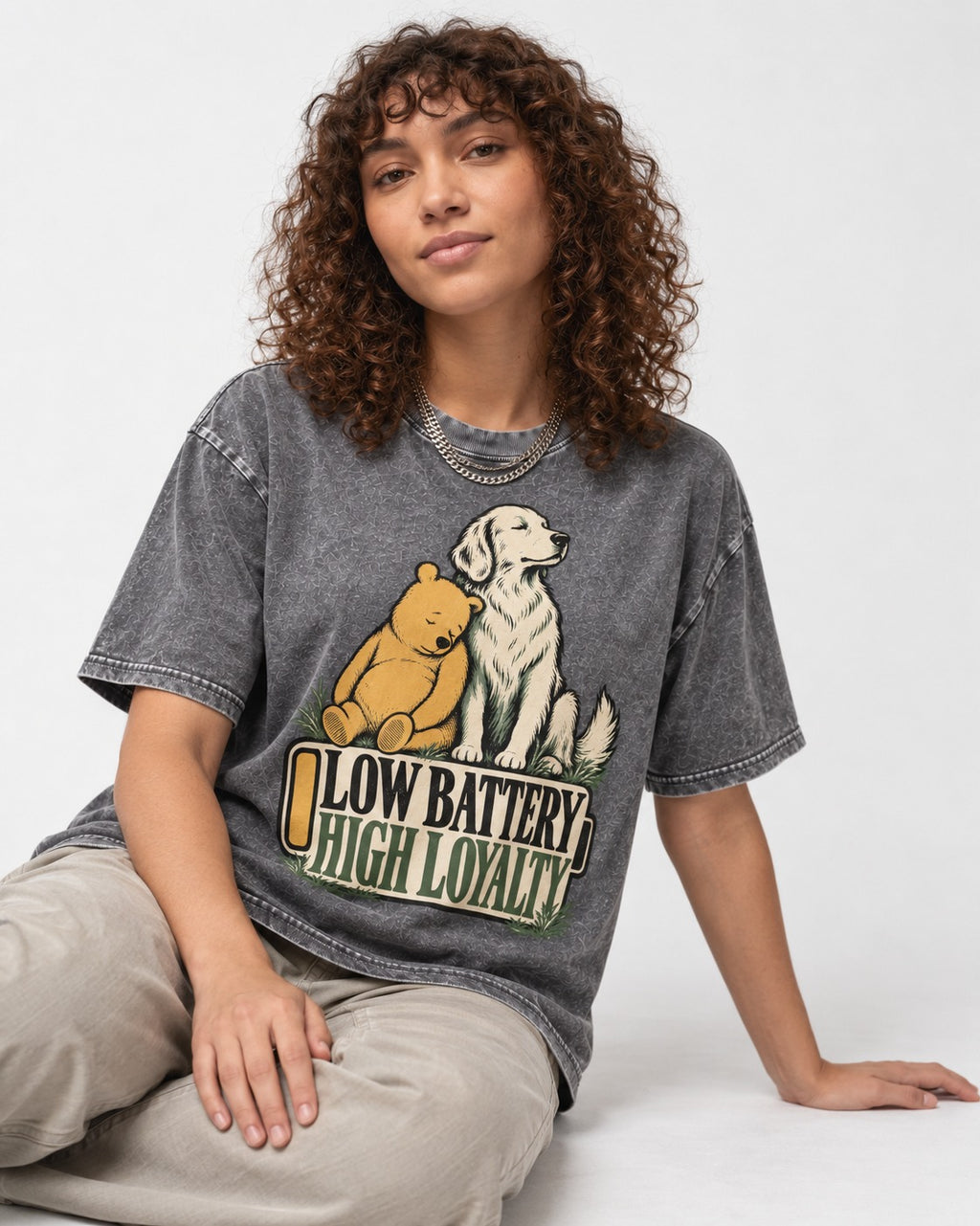 Golden Retriever Low Battery High Loyalty Washed Tee in Gray, worn by a seated model