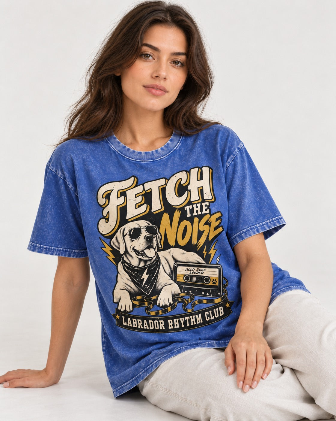 Labrador Retriever Fetch the Noise Rhythm Club DJ Graphic Washed Tee in Royal Blue, worn by a seated model
