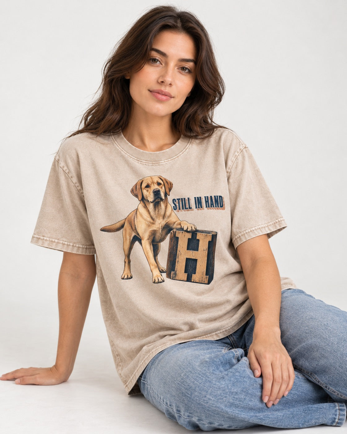 Labrador Retriever Still in Hand Washed Tee in Apricot, worn by a seated model
