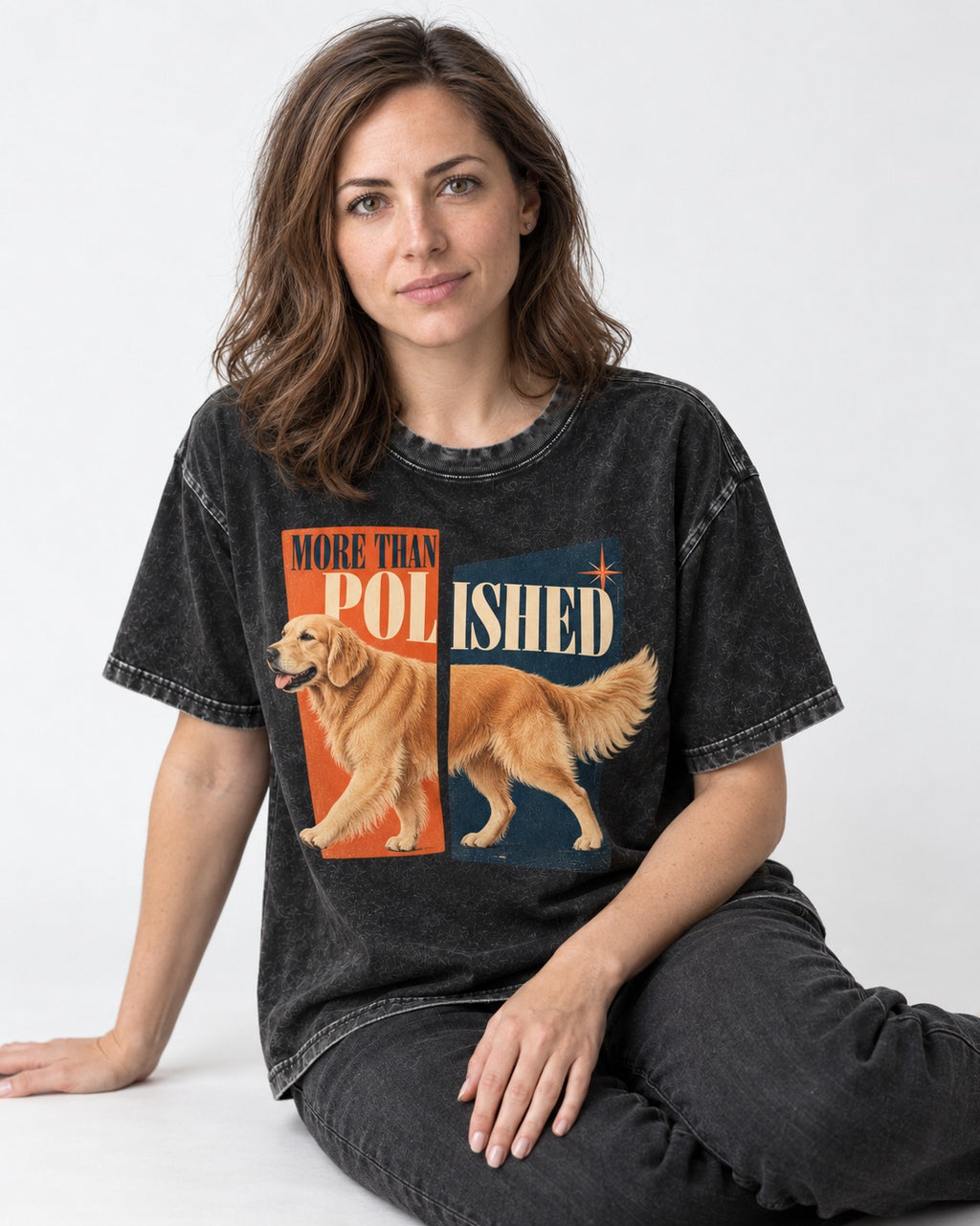 Golden Retriever More Than Polished Split Panel Graphic Washed Tee in Black, worn by a seated model