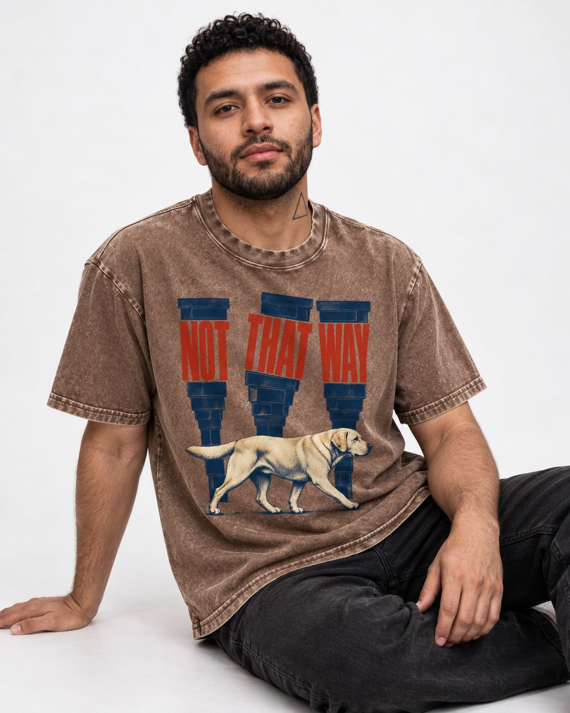 Not That Way Labrador Retriever Washed Tee in Coffee, worn by a seated model
