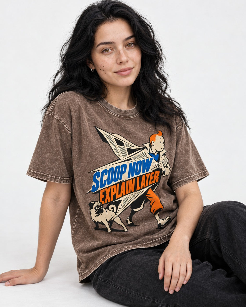 Pug Scoop Now Explain Later Washed Tee in Coffee, worn by a seated model
