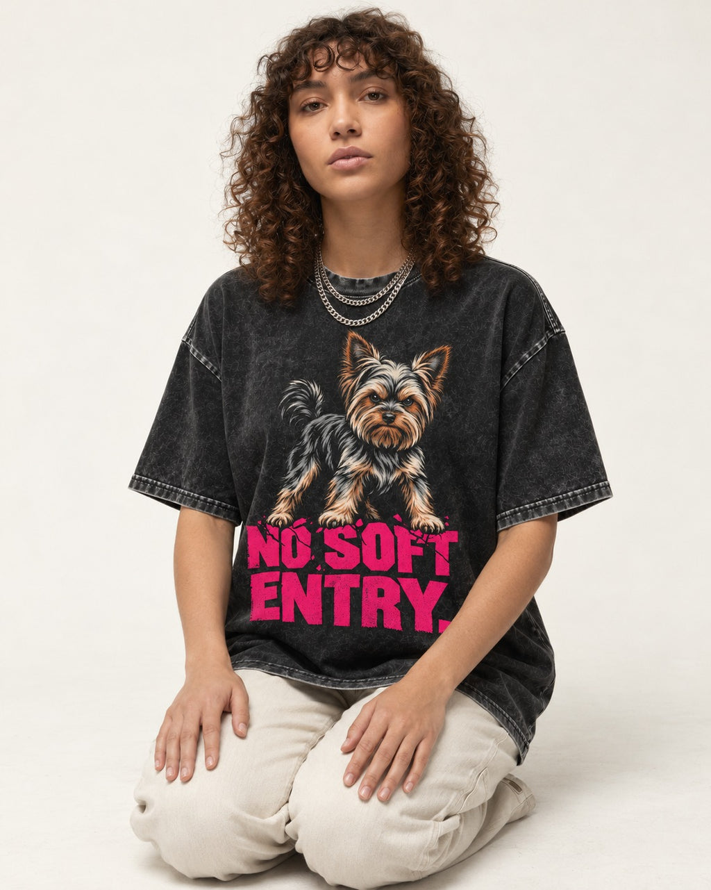 Yorkshire Terrier No Soft Entry Stance Graphic Washed Tee in Black, worn by a seated model