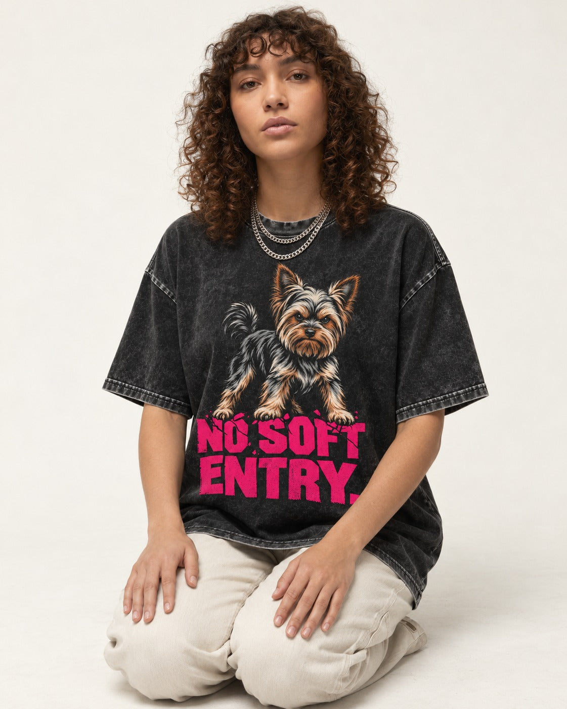 Yorkshire Terrier No Soft Entry Stance Graphic Washed Tee in Black, worn by a seated model