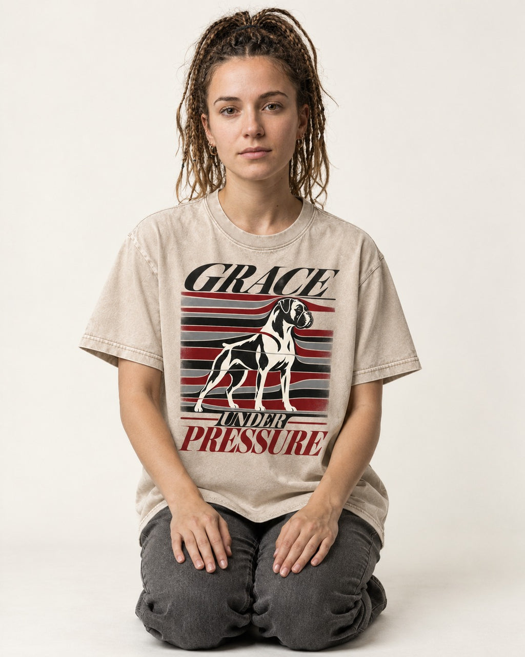 Boxer Grace Under Pressure Washed Tee in Apricot, worn by a seated model