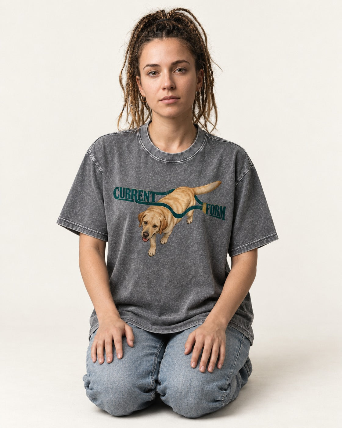 Labrador Retriever Current Form Washed Tee in Gray, worn by a seated model