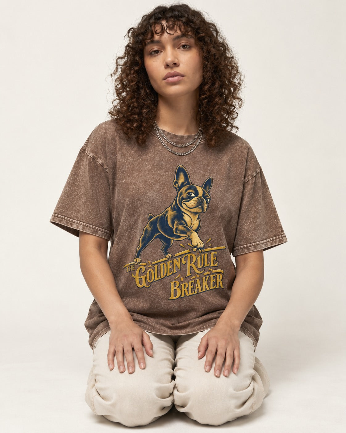 Boston Terrier Golden Rule Breaker Washed Tee in Coffee, worn by a seated model