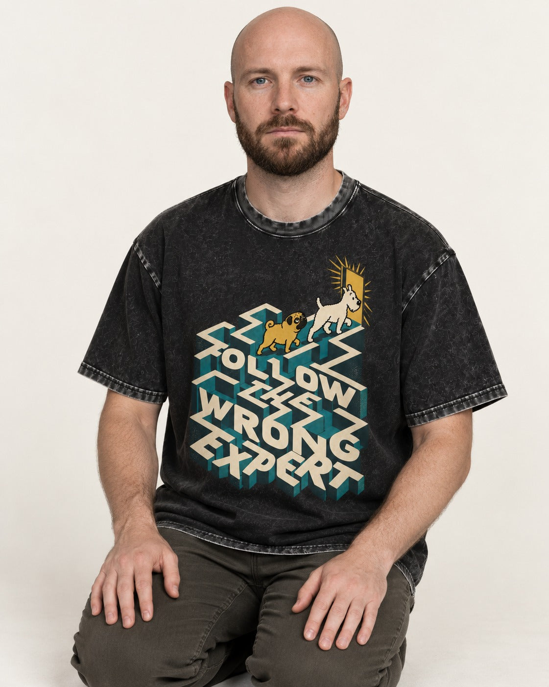 Pug Follow the Wrong Expert Isometric Maze Graphic Washed Tee in Black, worn by a seated model