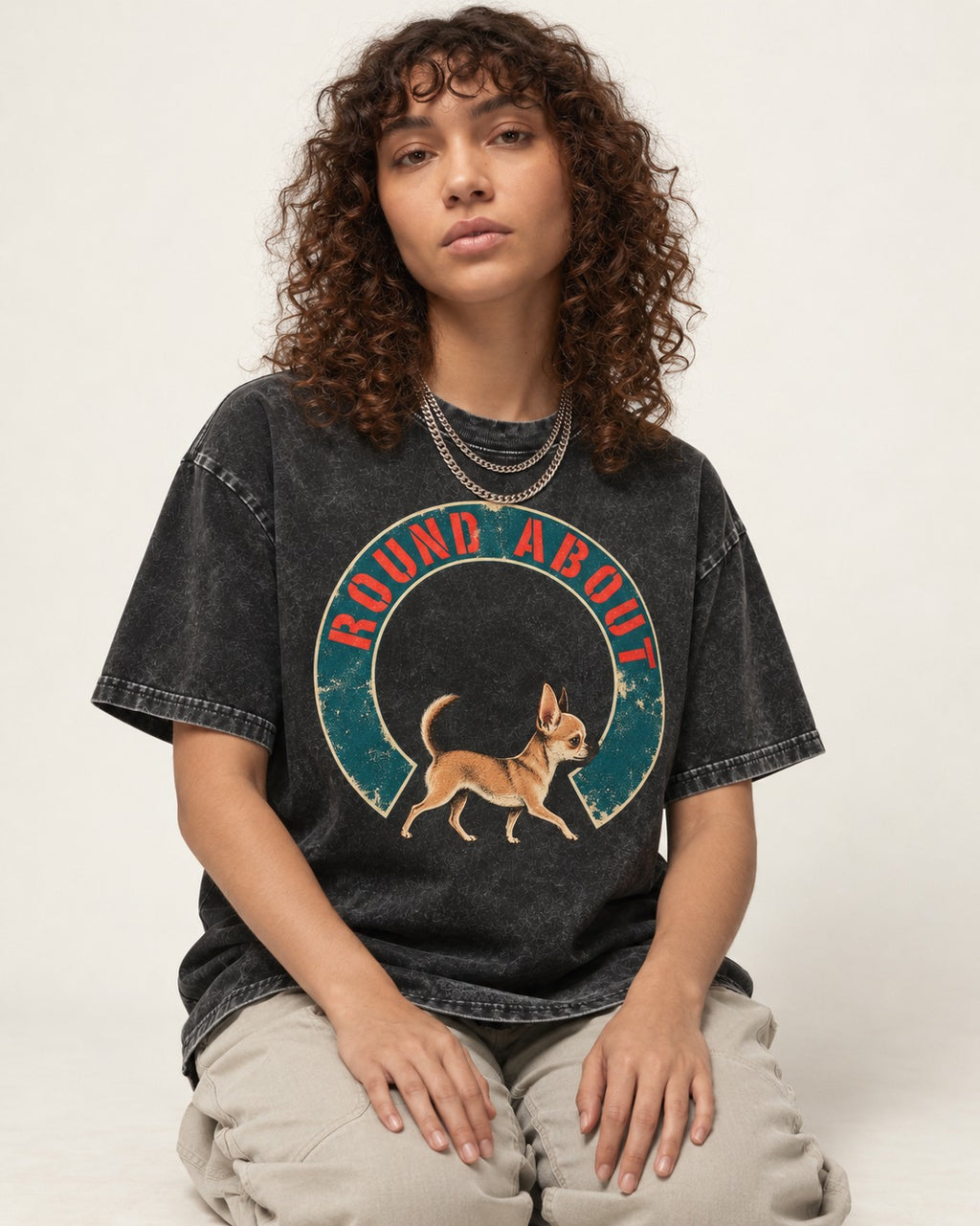Round About Chihuahua Emblem Graphic Washed Tee in Black, worn by a seated model