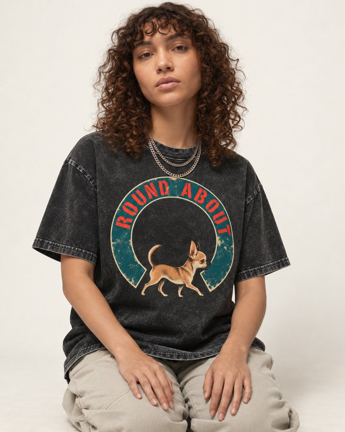 Round About Chihuahua Emblem Graphic Washed Tee in Black, worn by a seated model