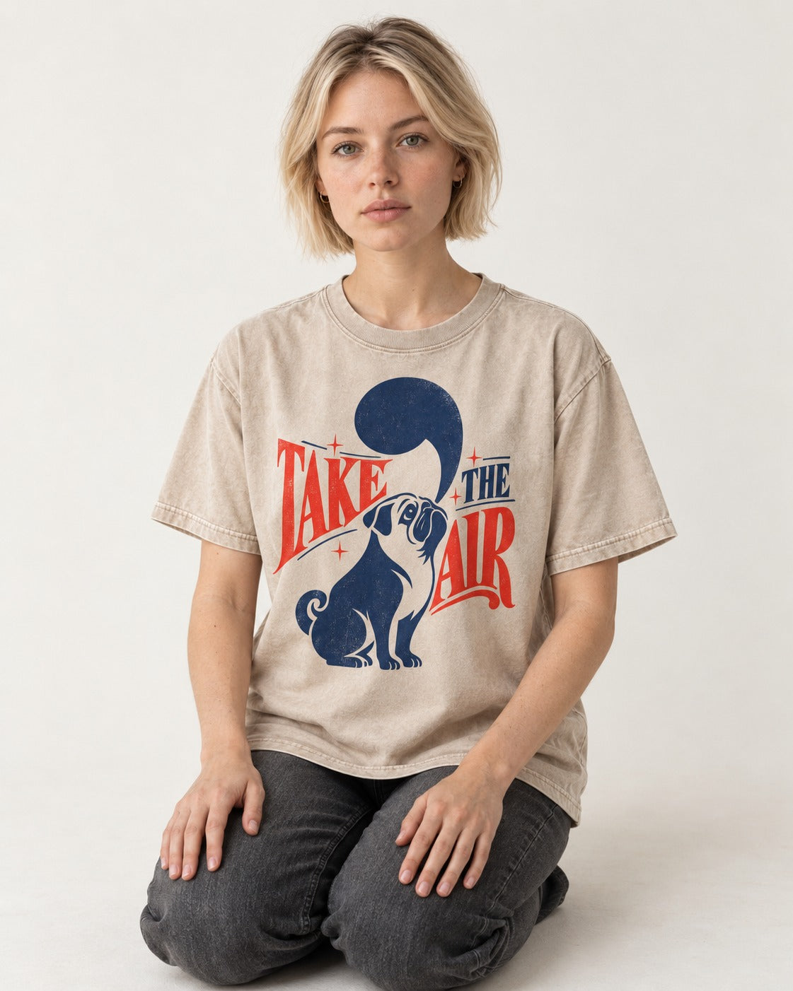 Pug Take the Air Washed Tee in Apricot, worn by a seated model