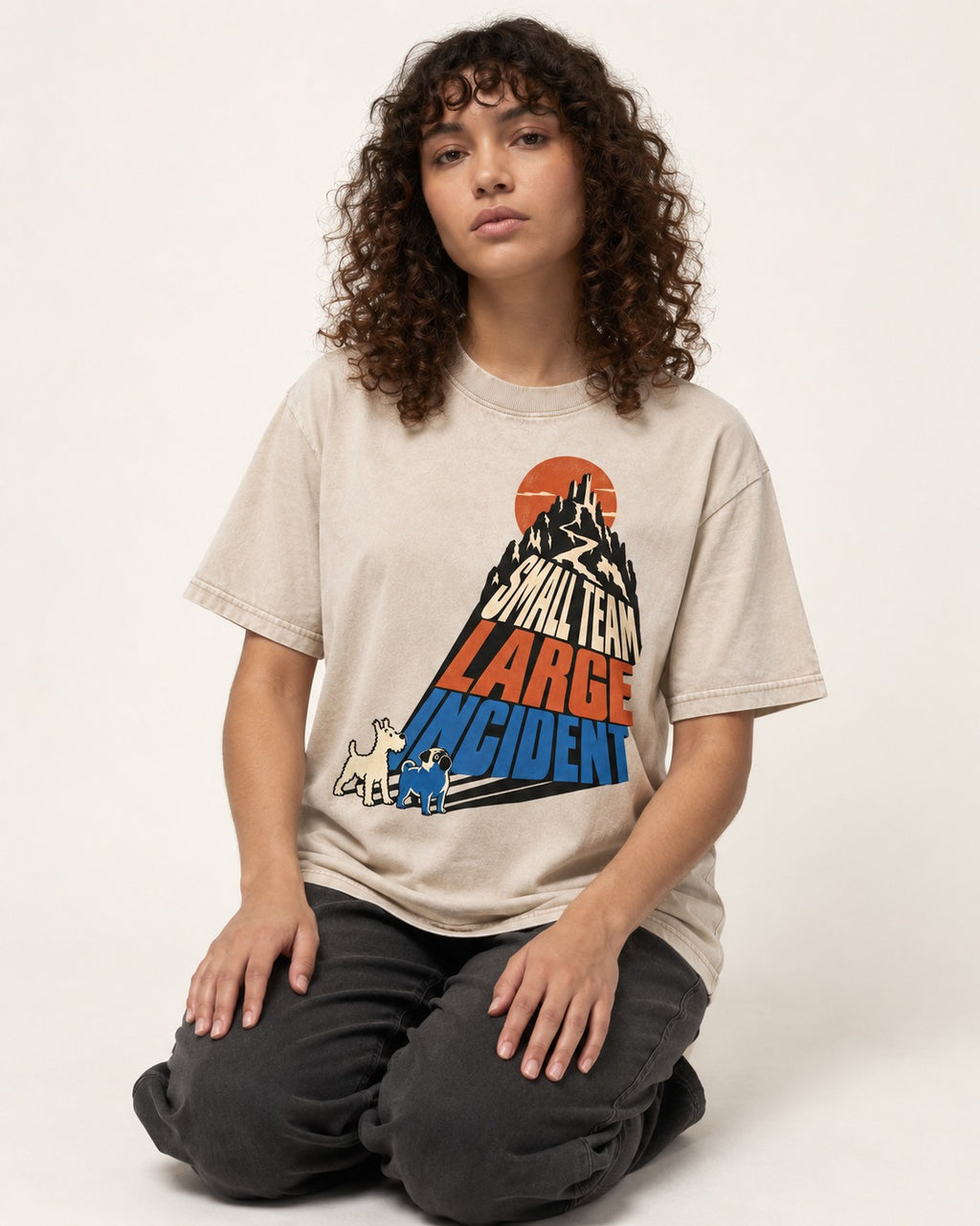 Pug Small Team Large Incident Mountain Graphic Washed Tee in Apricot, worn by a seated model