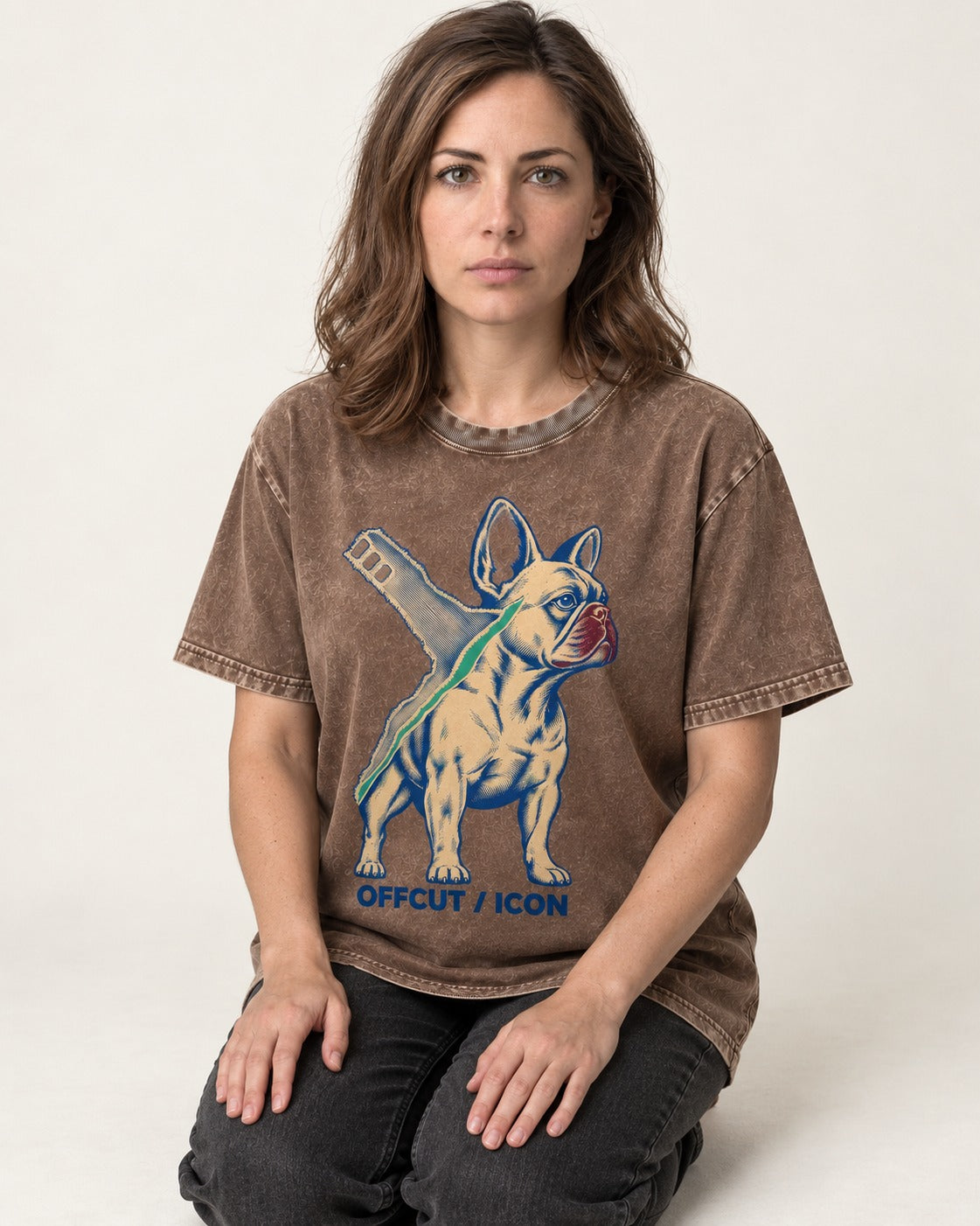 Offcut Frenchie Icon Washed Tee in Coffee, worn by a seated model