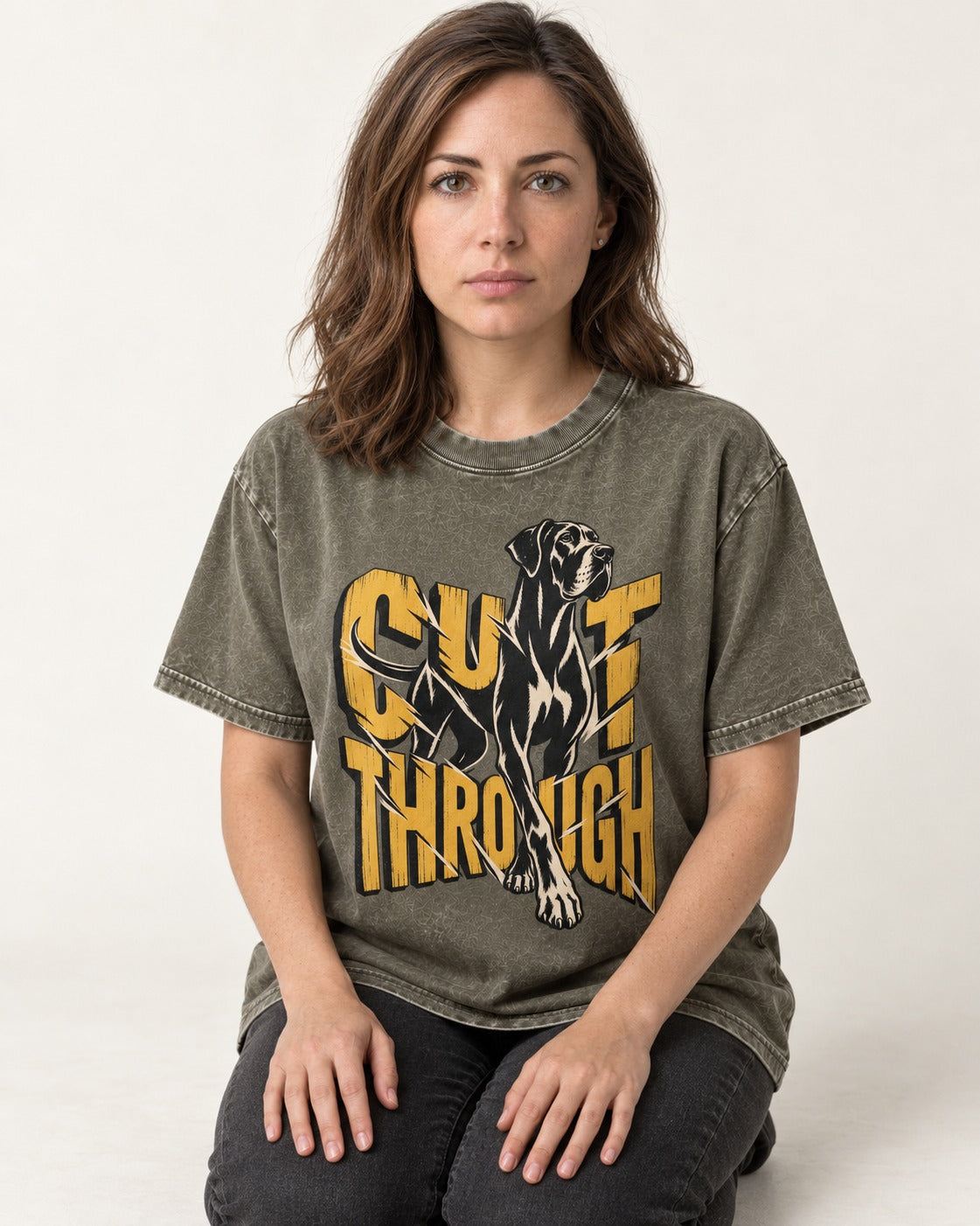 Great Dane Cut Through Breaking Type Graphic Washed Tee in Army Green, worn by a seated model