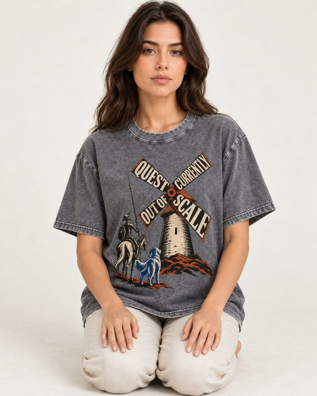 Golden Retriever Quest Out of Scale Washed Tee in Gray, worn by a seated model