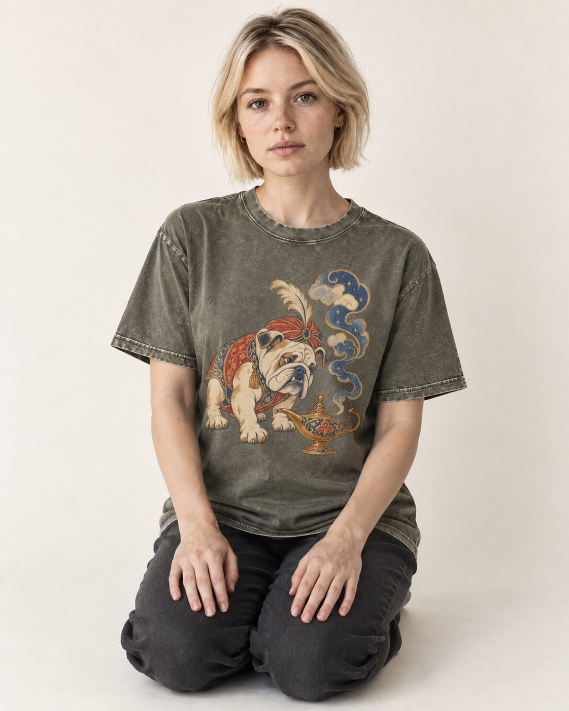 English Bulldog Magic Lamp Genie Graphic Washed Tee in Army Green, worn by a seated model