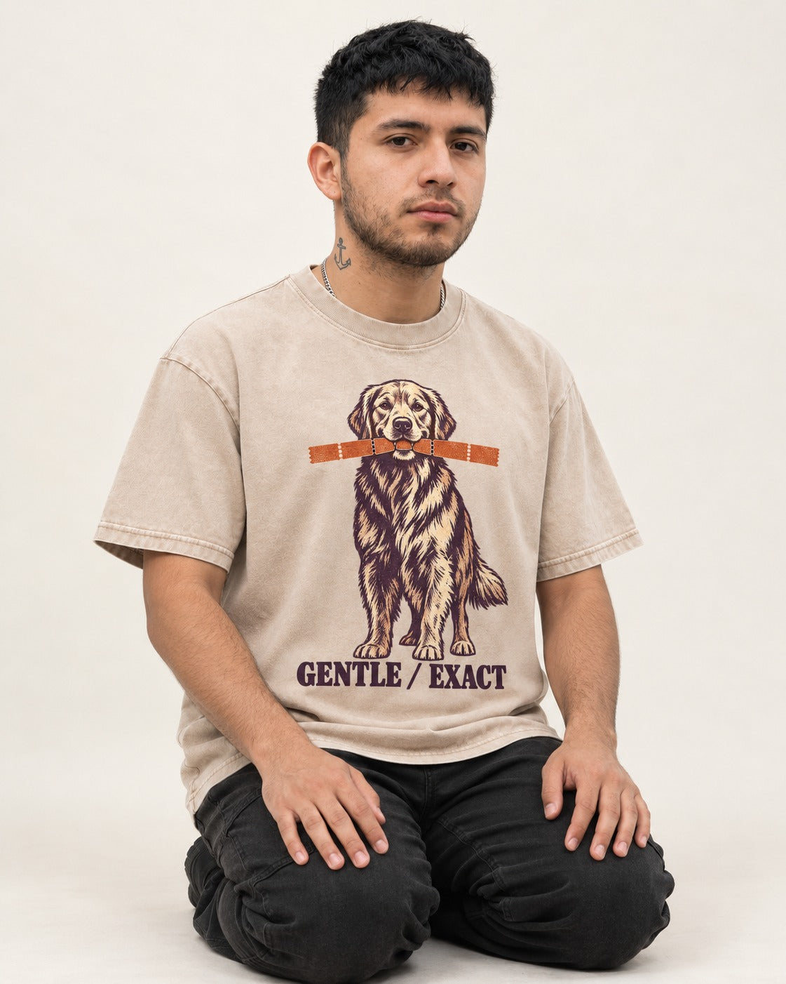 Golden Retriever Gentle Exact Paper Bridge Graphic Washed Tee in Apricot, worn by a seated model