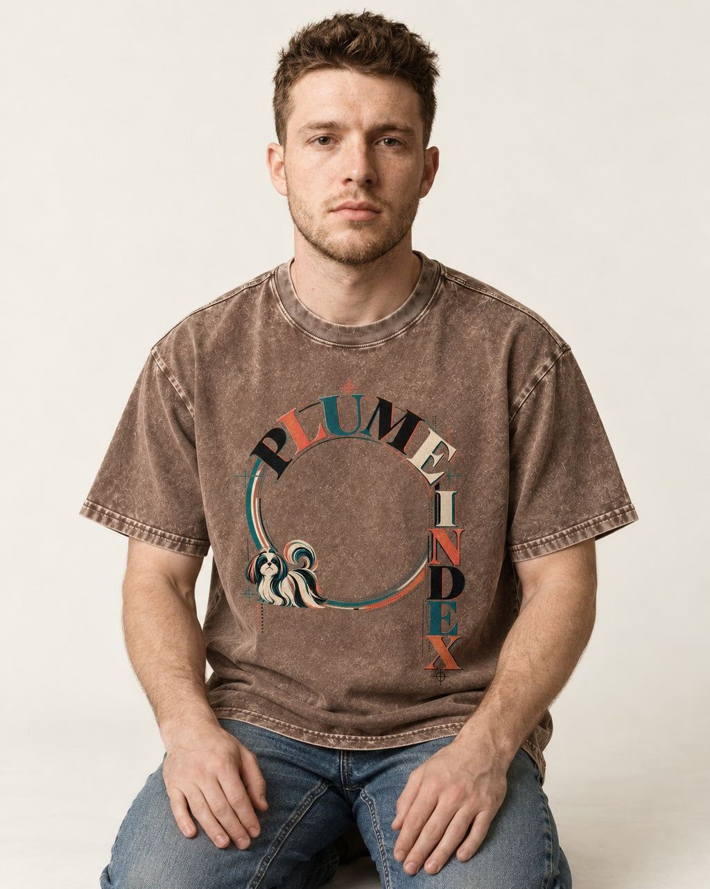 Shih Tzu Plume Index Circular Typography Graphic Washed Tee in Coffee, worn by a seated model