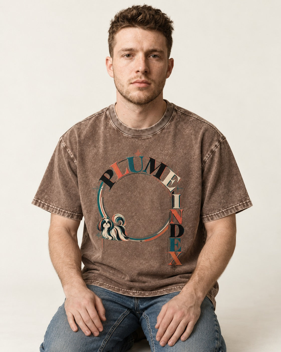 Shih Tzu Plume Index Circular Typography Graphic Washed Tee in Coffee, worn by a seated model