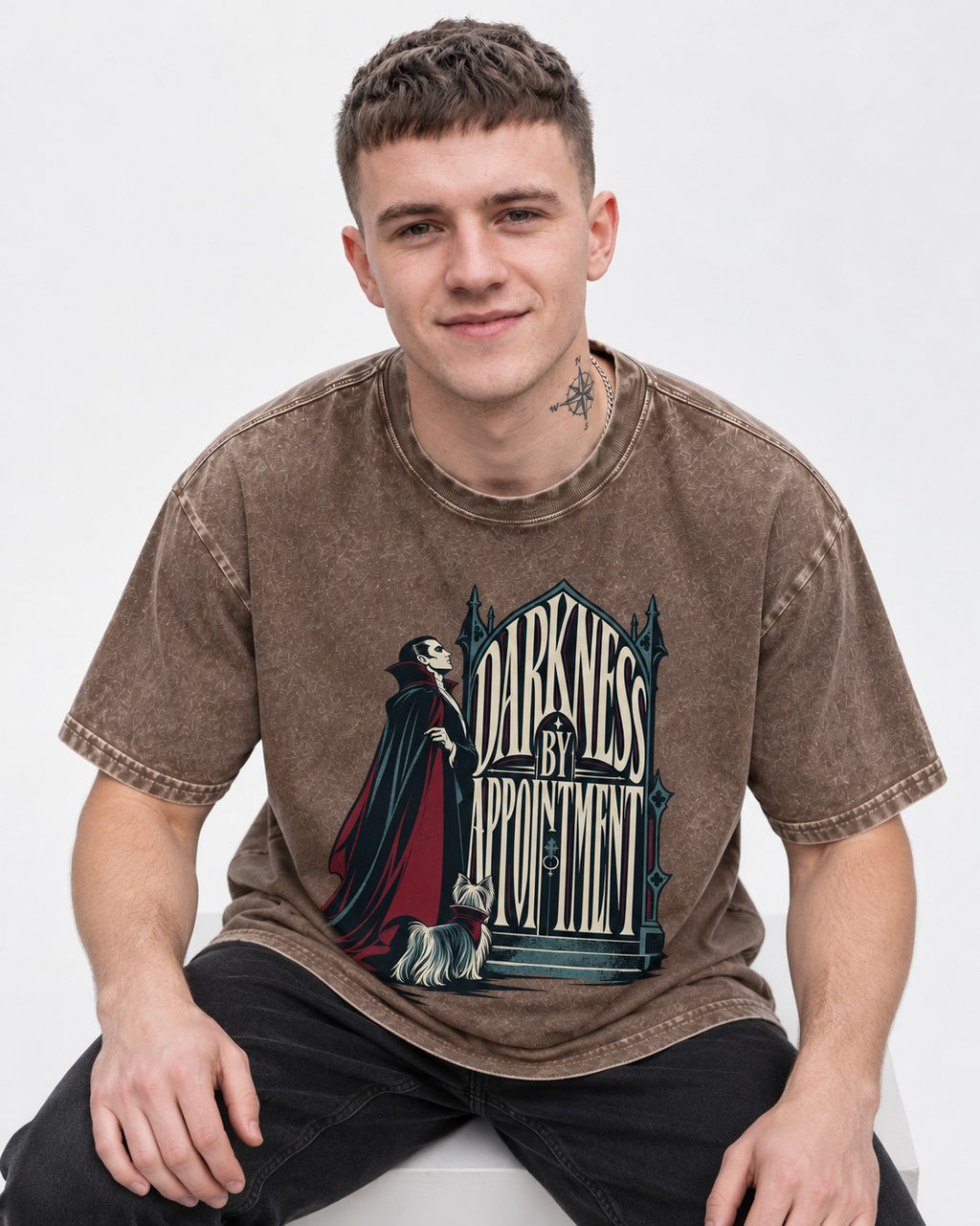 Darkness by Appointment with Yorkshire Terrier Washed Tee in Coffee, worn by a seated model
