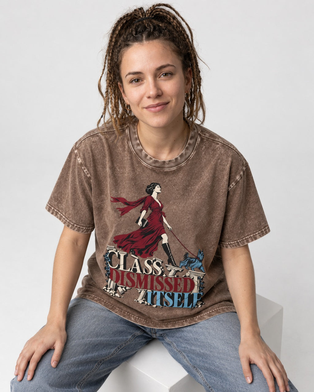 Class Dismissed Itself Yorkshire Terrier Washed Tee in Coffee, worn by a seated model